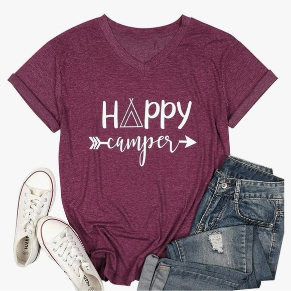 Maroon 'Happy Camper' V-Neck Tee - Picture 1 of 4